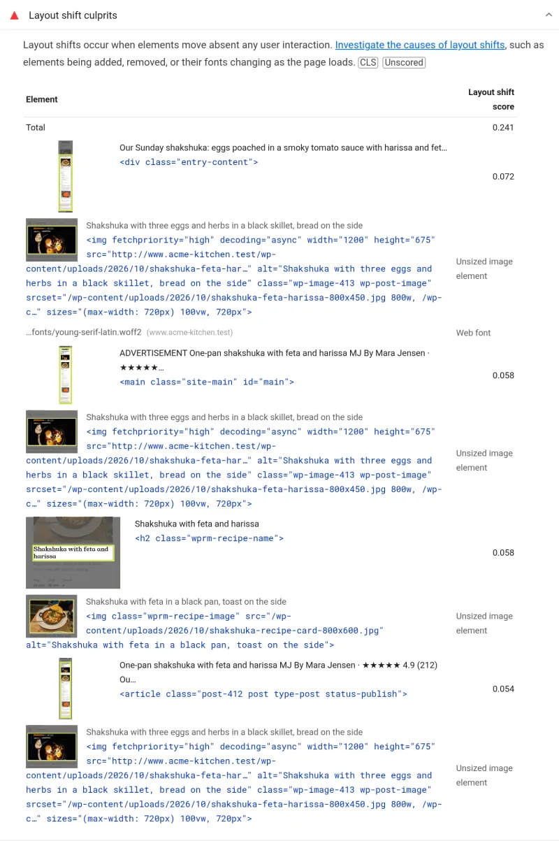 Lighthouse's Layout shift culprits insight in red on a recipe page: Total 0.241 and four shifts. The moved elements are div.entry-content, main, the recipe card title and article. Under three of them the cause line is Unsized image element pointing at the featured image, which has width 1200 and height 675; the font row also says Web font, and the recipe card row names the recipe photo.