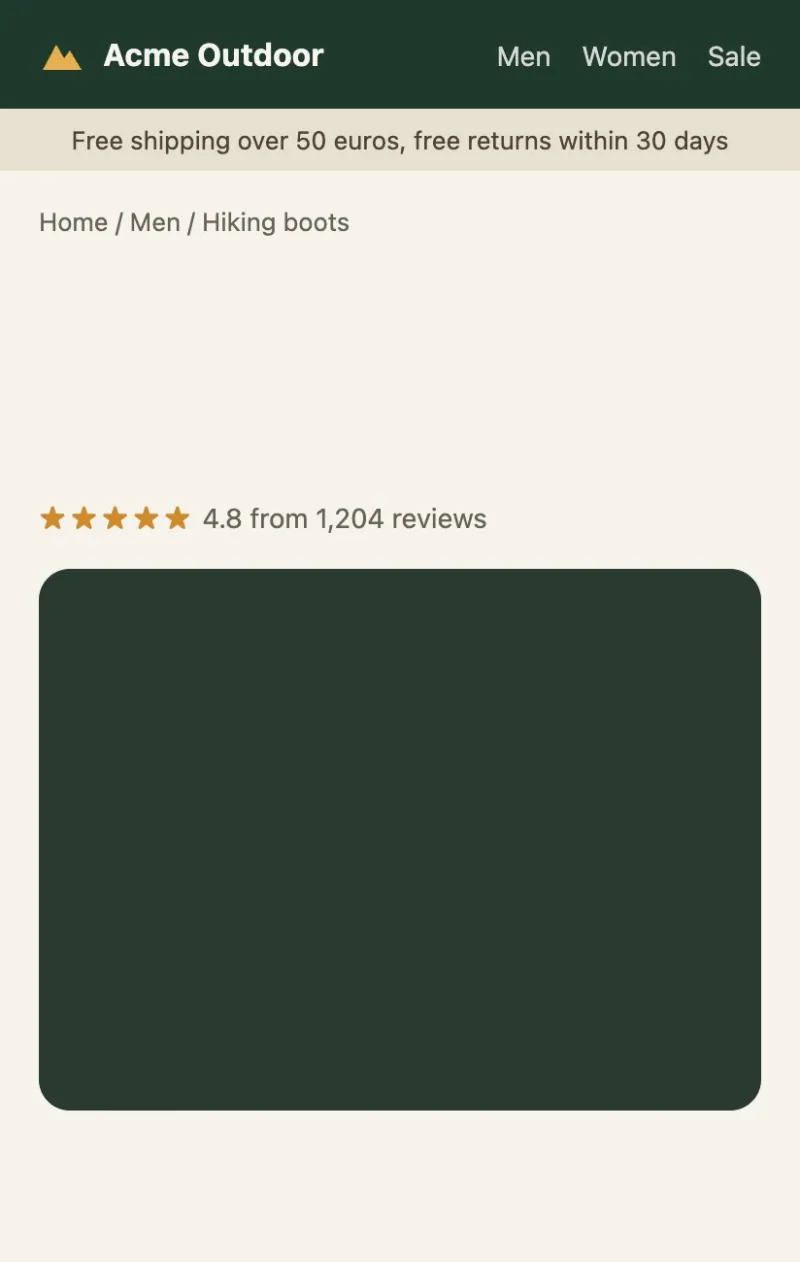 Demo product page at the first paint with font-display block: header, breadcrumbs and the star rating, a blank gap where the headline goes and nothing under the photo