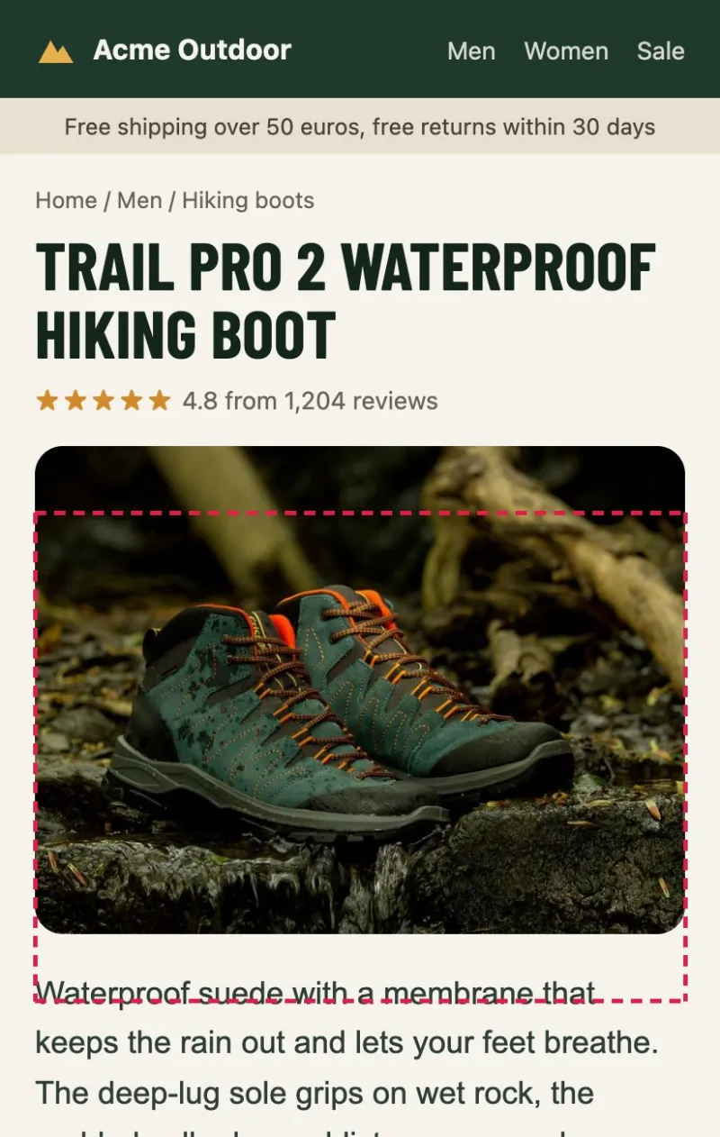 The same page after the headline font arrived: the headline takes two lines and the photo moved up, the dashed outline shows where it was