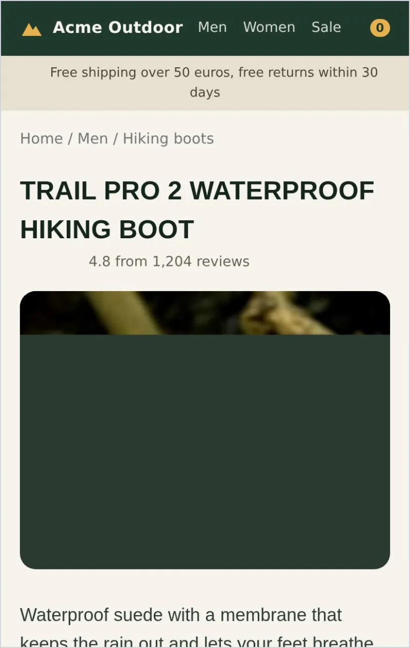 The fixed demo product page on a phone at 1.4 seconds: the styled page is there, the product photo still loading