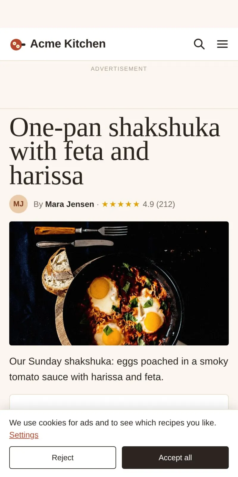 The fixed page at its first paint: an empty strip where the bar will go, an empty ad slot at its full height, and the headline already in three lines in the adjusted fallback font.