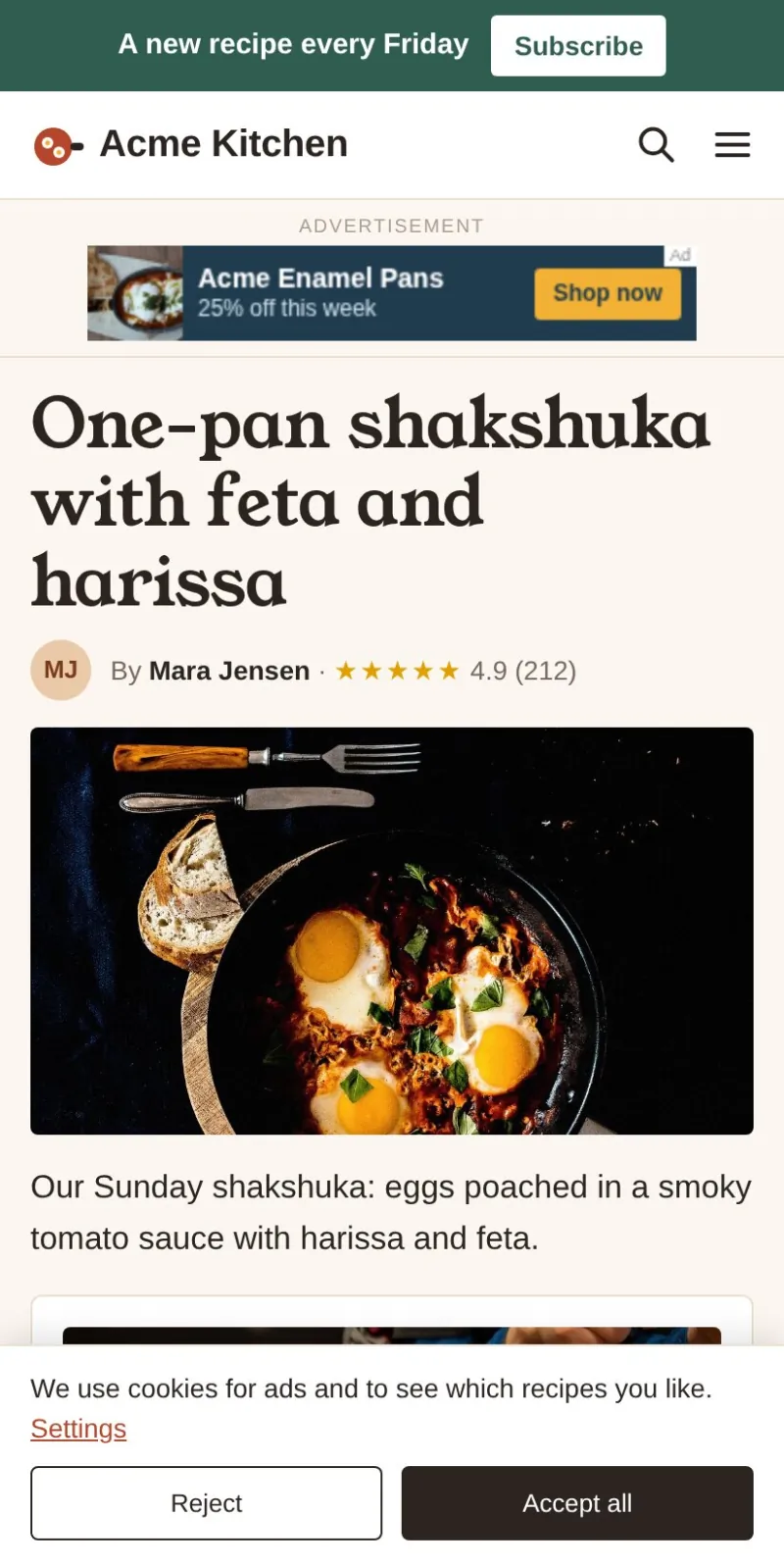 The fixed page two seconds later: the bar and the ad have filled their space, the headline is in the web font, and the photo is where it was at first paint.