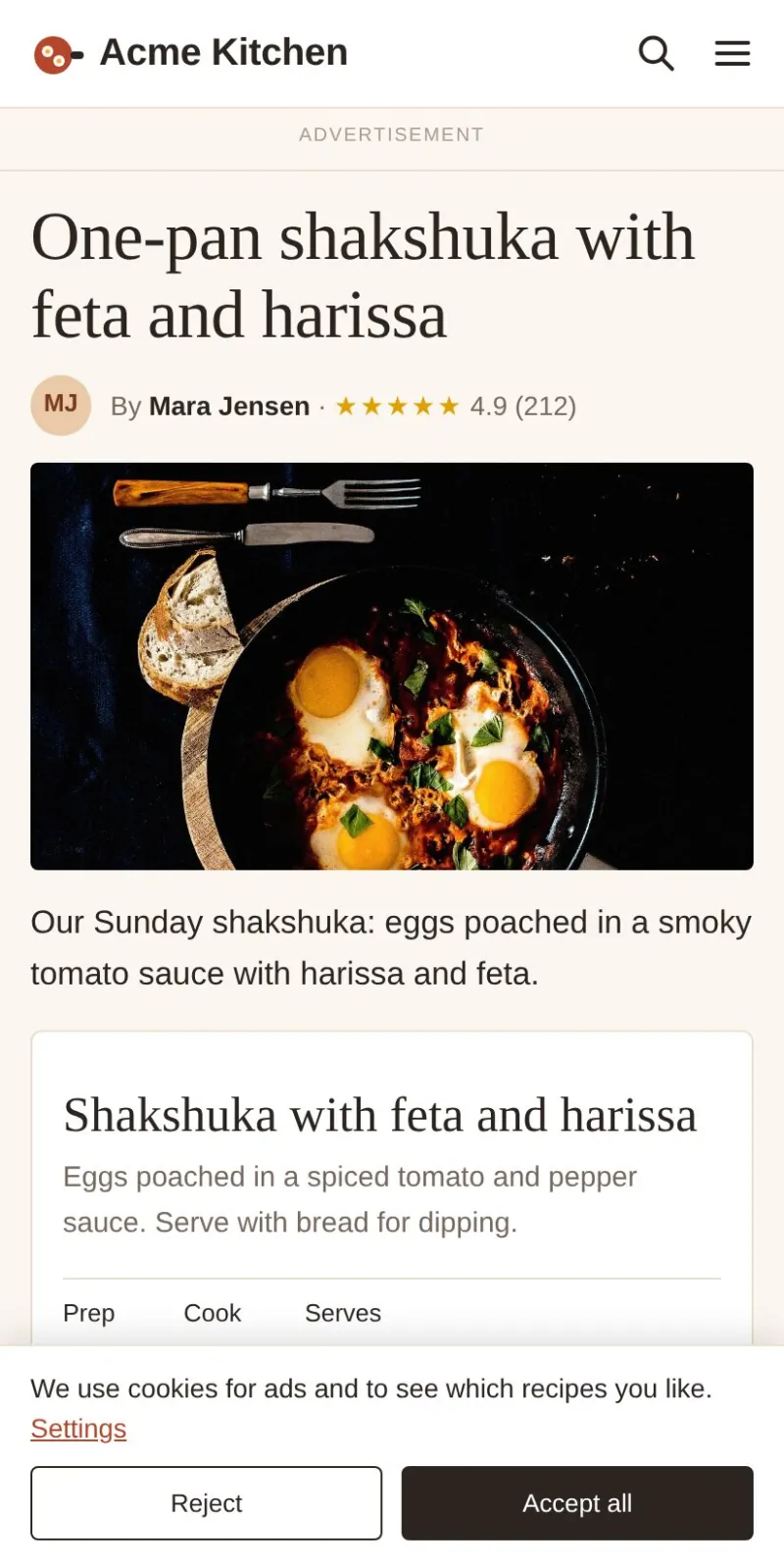 The recipe page on a phone at its first paint: header, an empty ad label, the headline in two lines in the fallback font, the author line and the featured photo.