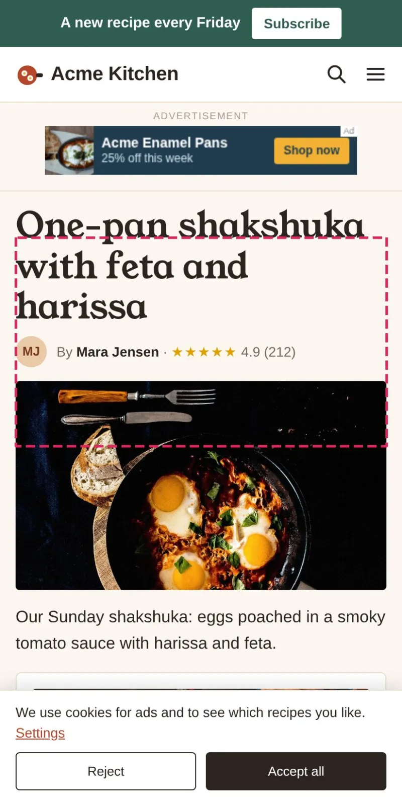 The same page two seconds later: a green newsletter bar above the header, an ad under it, the headline in three lines in the web font, and the photo lower than the dashed box that marks where it was at first paint.