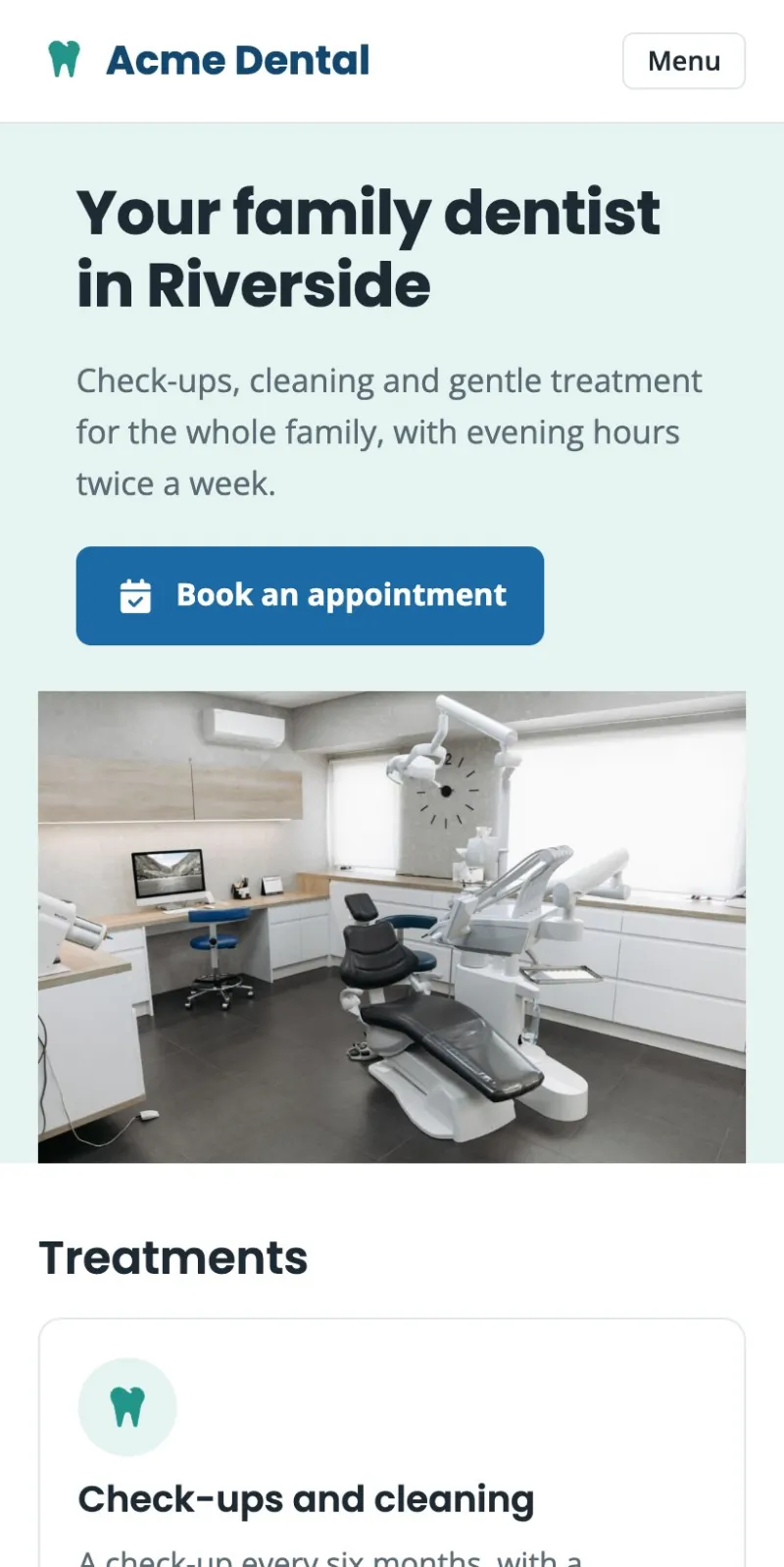 The same moment after the fix: the logo, the heading Your family dentist in Riverside and the text in their own fonts, the Book an appointment button with its calendar icon, the photo of the treatment room and a treatment card with its icon
