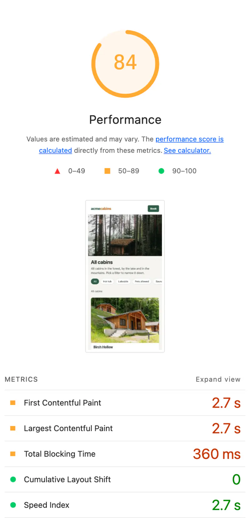 Lighthouse report at phone width for the cabin listing before the fix: Performance 84, First Contentful Paint 2.7 s, Largest Contentful Paint 2.7 s, Total Blocking Time 360 ms, CLS 0
