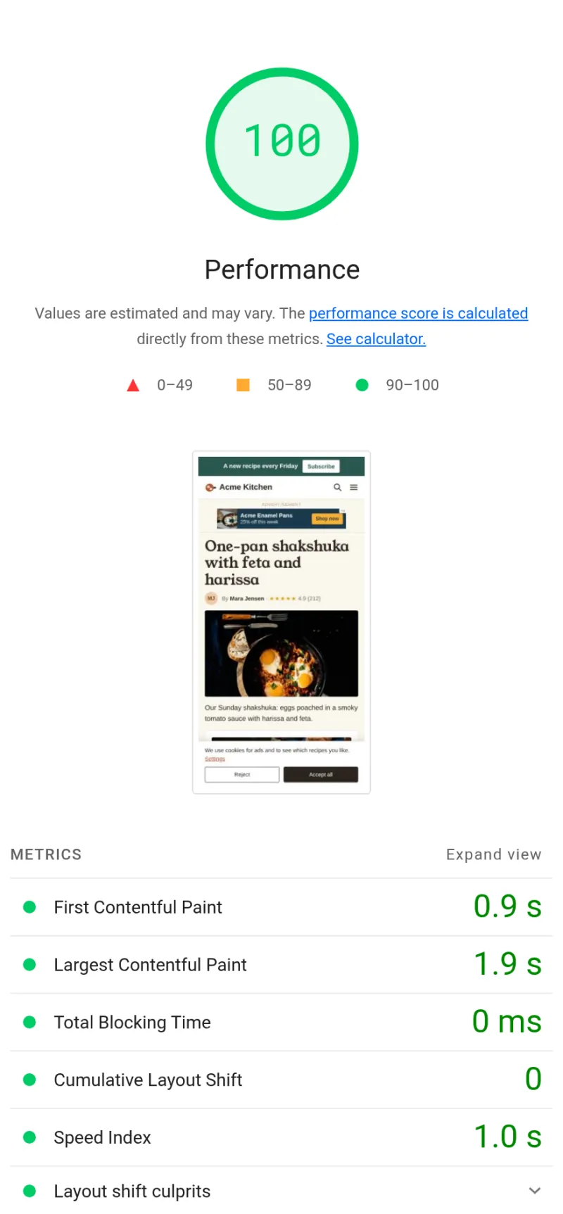 Lighthouse at phone width on the same page after the fixes: score 100, CLS 0, and Layout shift culprits under the passed insights.