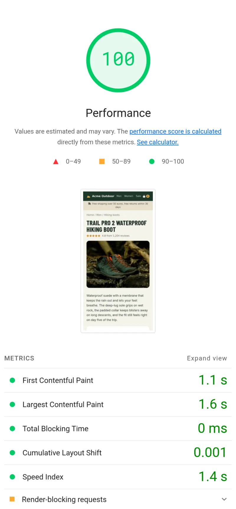 Lighthouse report of the fixed demo on a phone: score 100, FCP 1.1 s, Render-blocking requests orange, without Est savings