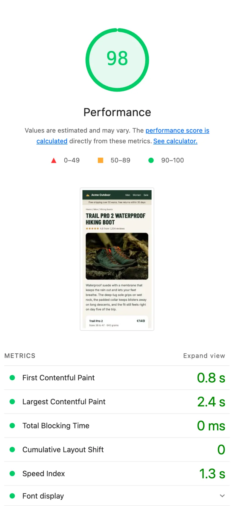 Lighthouse report with swap and metric overrides: score 98, Speed Index 1.3 s, CLS 0, Font display passed