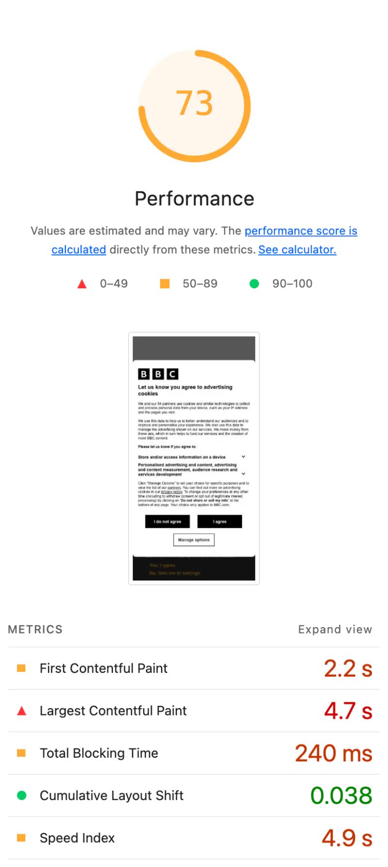 Lighthouse report for the same bbc.com page 40 seconds later: Performance 73, LCP 4.7 s, CLS 0.038