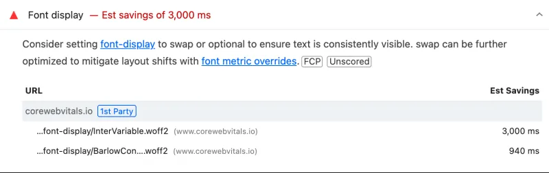 Lighthouse 13.5.0 report, the Font display insight expanded: Est savings of 3,000 ms, labels FCP and Unscored, two fonts listed: InterVariable.woff2 3,000 ms and BarlowCondensed-Bold.woff2 940 ms
