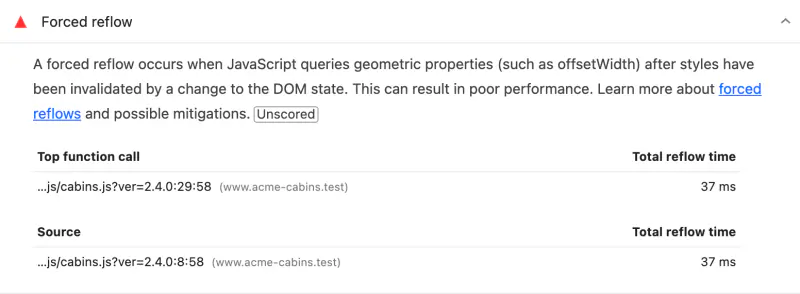 Forced reflow insight with one row: Top function call cabins.js line 29, 37 ms, and one Source row cabins.js line 8, 37 ms