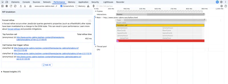 Chrome DevTools Performance panel with one tap recorded: the Main track shows Event: click, filterCards, layoutCards and clampText over a long row of layout work; the Forced reflow insight in the sidebar lists 452 ms and the call frames clampText in cabins.js lines 10 and 12