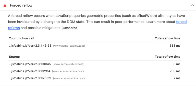 Lighthouse 13.5 report, the Forced reflow insight expanded with the label Unscored: Top function call cabins.js line 46, 388 ms; Source rows cabins.js line 10 3 ms, line 12 733 ms, line 23 7 ms