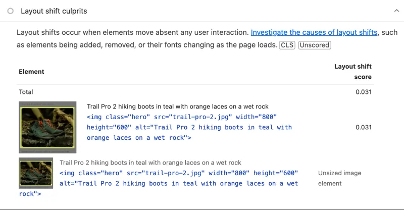 Lighthouse Layout shift culprits on the swap version: total 0.031, the hero image listed with the cause Unsized image element, although the img tag has width 800 and height 600