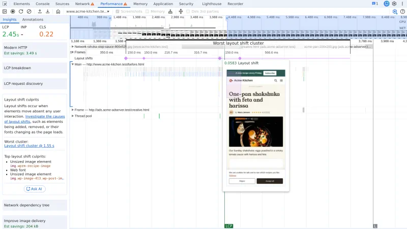 Chrome DevTools Performance panel: the Layout shifts track with four diamonds in the worst layout shift cluster, the tooltip of the 0.0583 shift showing the page with a green newsletter bar that has just appeared above the header, and the Layout shift culprits insight on the left listing two unsized images and a web font.