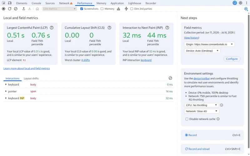 devtools live metrics field data
