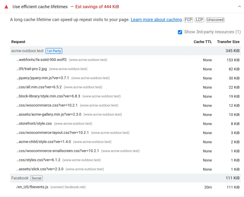 Lighthouse's Use efficient cache lifetimes insight, red, estimated savings of 444 KiB: thirteen of the shop's own files with a cache TTL of None and Meta's fbevents.js with 20 minutes; Google Tag Manager and gtag.js are not listed.