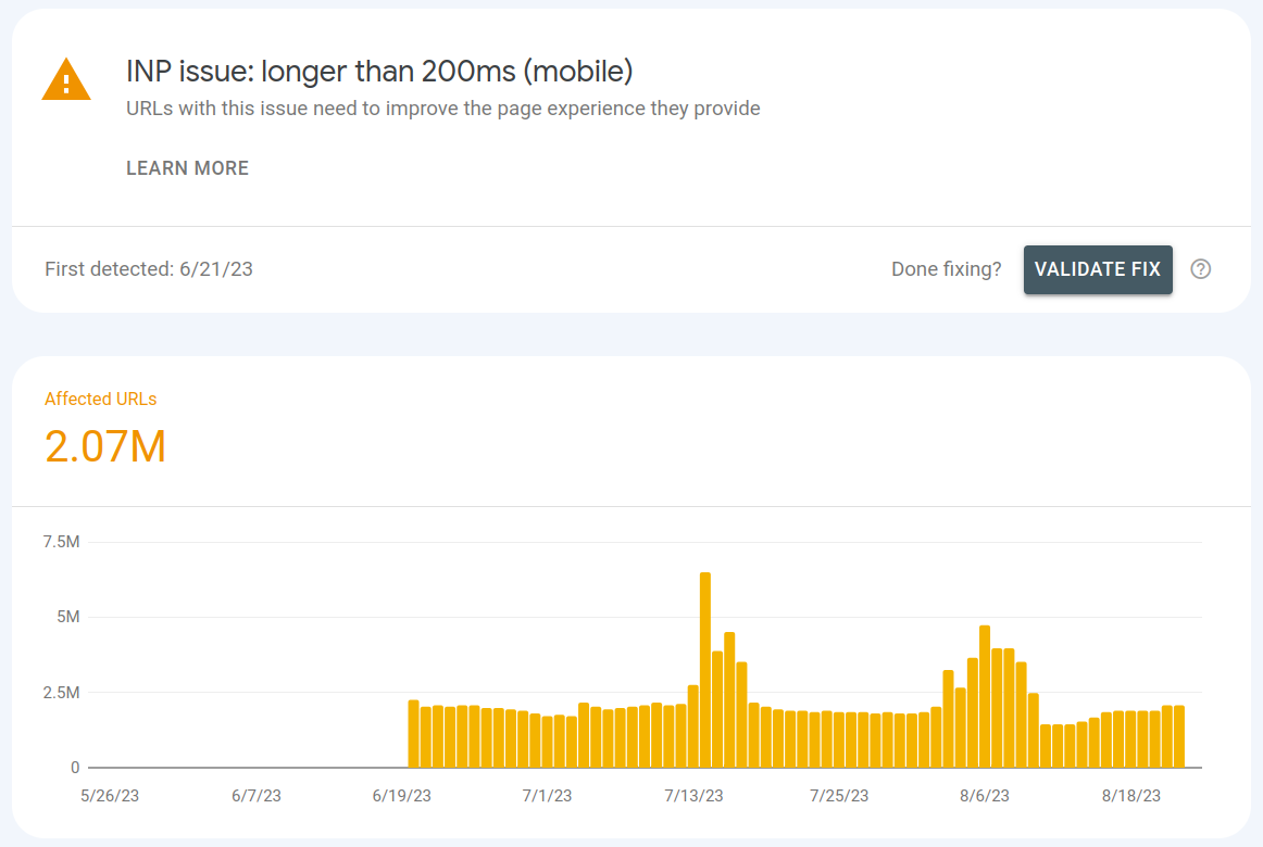 inp search console early warning