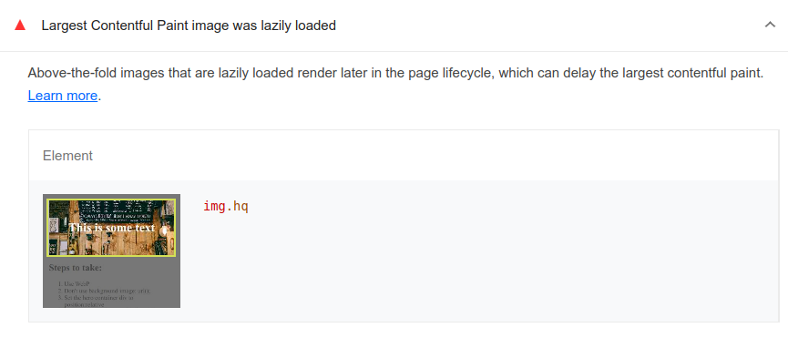 What is the Largest Contentful Paint image was lazily loaded warning?